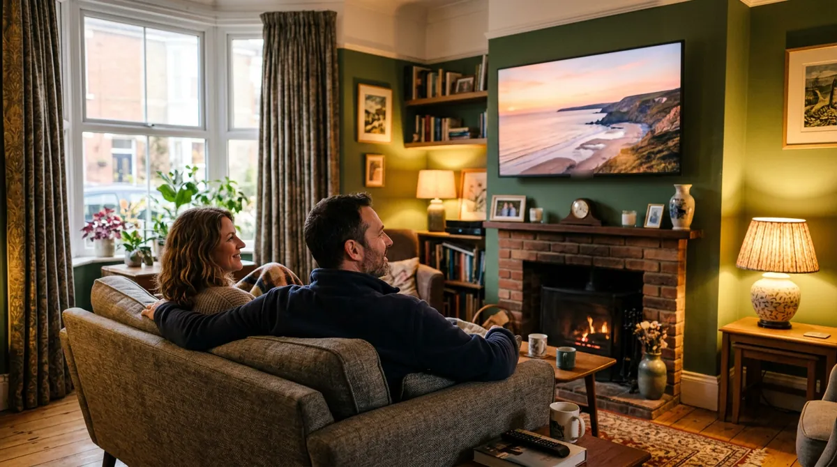 Couple watching a wall-mounted TV in a British living room