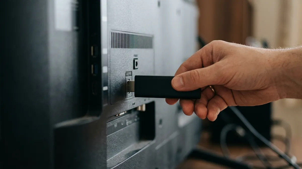 Streaming stick being plugged into the HDMI port of a TV
