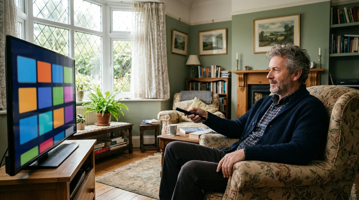 Man with a remote looking at the home screen of his TV