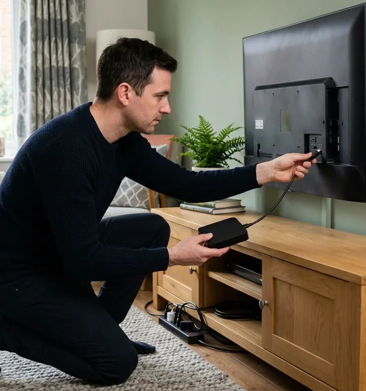 Man connecting a streaming box to a wall-mounted TV